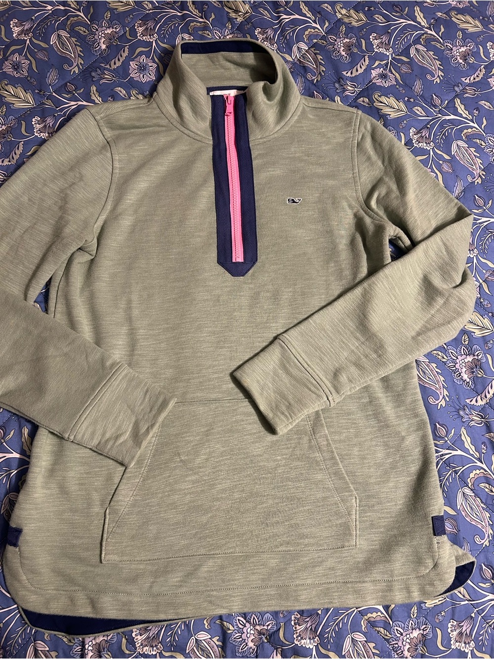 Vineyard Vines Olive Half-Zip Pullover with Navy and Pink Accents